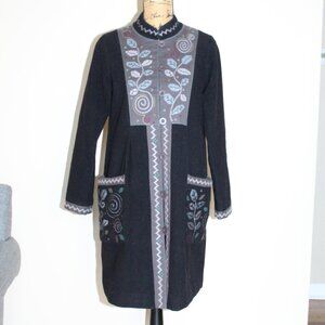 Gudrun Sjoden Black Felted Wool Embroidered Button Up "Berlin" Coat Women's S